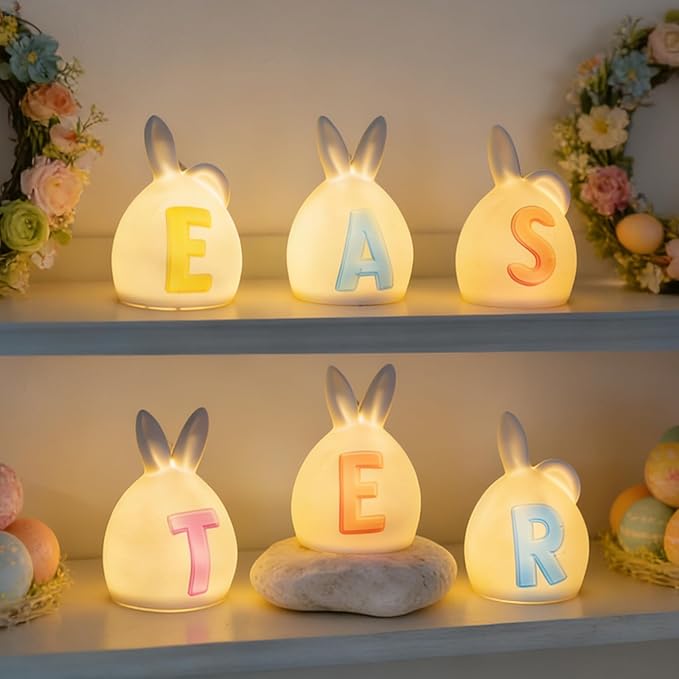 NEROSUN 6 Pack Easter Lettered Bunny Decorations, Ceramic Lighted White Rabbit Figurines Ornaments, Table Centerpiece for Easter Party, Spring Home Decor and Shelf Display
