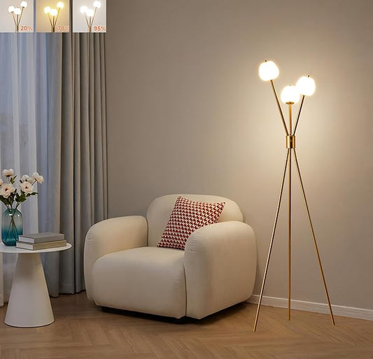 Fiqevs Dimmable Tripod Floor Lamp for Living Room, 3 Globe Modern Gold Floor Lamp with Elegant Frosted Sphere Glass Shade and LED Bulbs, Standing Tall Lamp for Bedroom, Office - Antique Brass