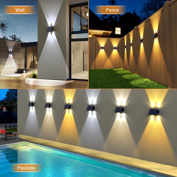 Solar Fence Lights,12Pack Solar Lights Outdoor 2700/4500/6000K 3 Mode Up & Down Solar Wall Lights Waterproof 100 Lumens Solar Powered Fence Light for Backyard/Pool/Railing/Patio/Porch/Step