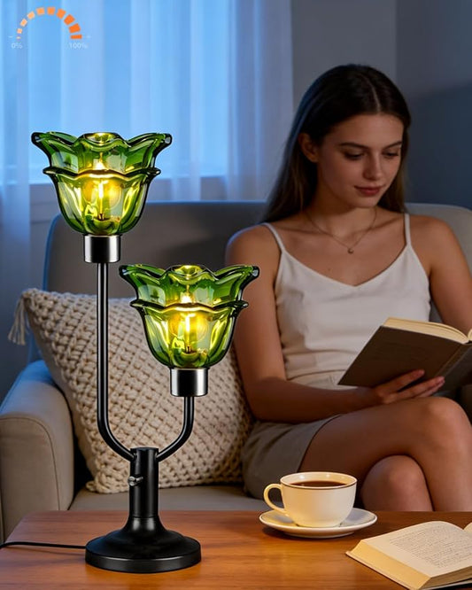 Lightdot Mid Century Modern Flower Table Lamp Black Dimmable U-Shaped Green Glass Desk Lamps with 2Pcs 3000K Warmwhite Bulbs Included Bedside Nightstand Lamp for Living Room Bedroom