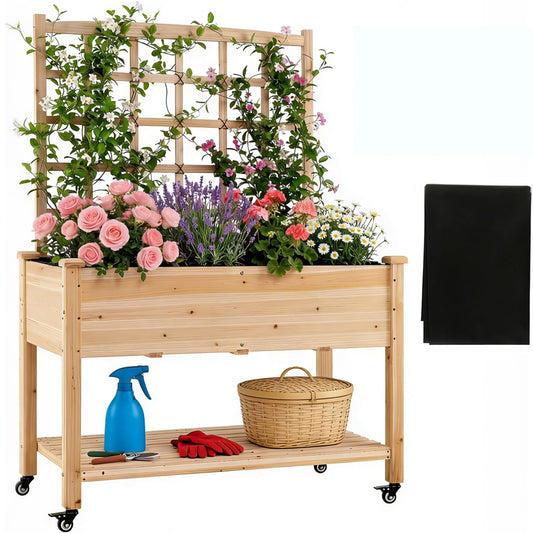 COSTWAY Wooden Raised Garden Bed with Trellis, Mobile Elevated Planter on Wheels, 285 lbs Capacity with Liner & Drainage Holes, Freestanding Outdoor Box for Climbing Plants, Vegetables, & Herbs