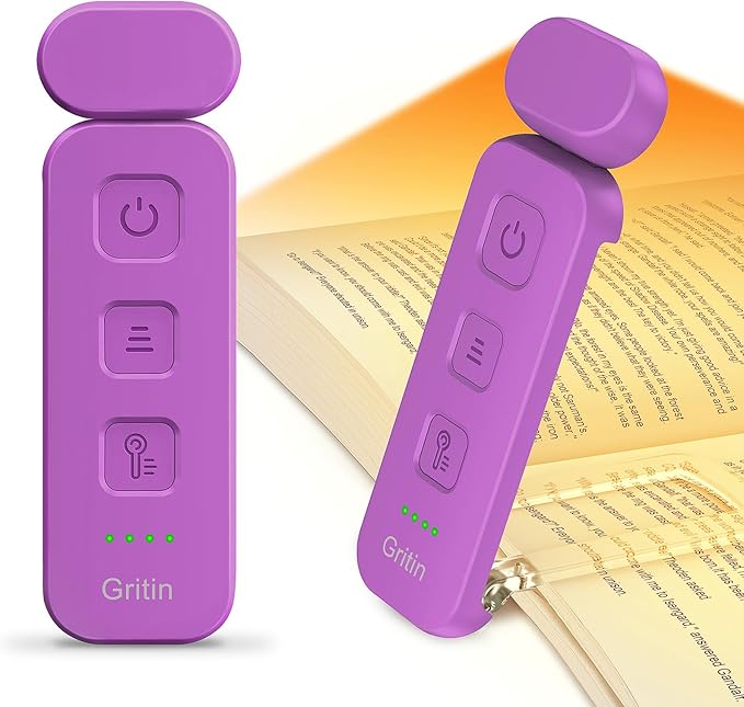 Gritin Reading Light, Rechargeable Book Light for Reading in Bed - Eye Caring 3 Color Temperatures, 5-Level Dimmable Brightness, Long Lasting, Compact Size Clip on Book Lamp for Bookworms-Dark Purple
