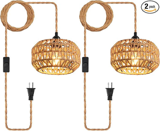 Plug in Pendant Light, Industrial Hanging Light with Plug in Cord Hemp Rope On/Off Switch Farmhouse, Vintage Hanging Lamps for Dining Room