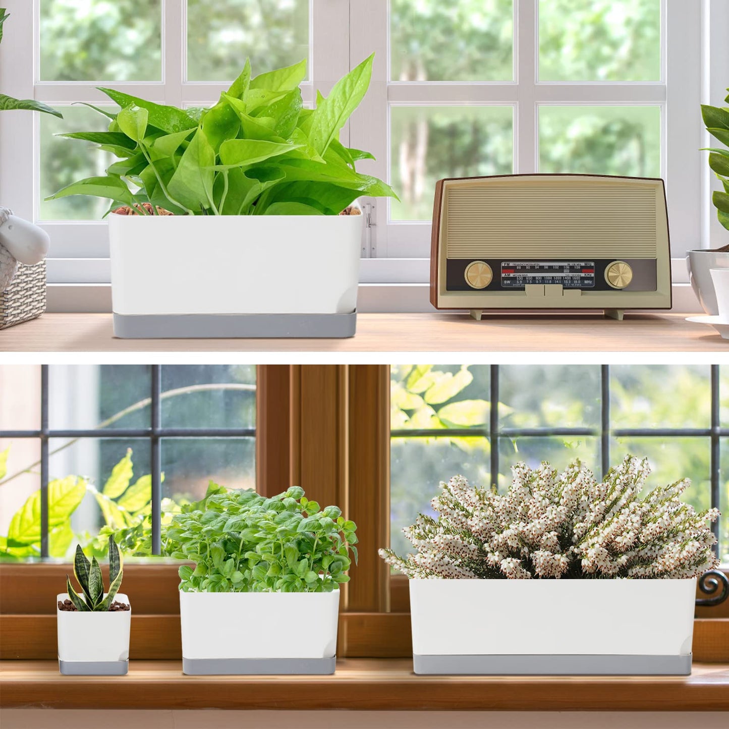 Vugosson Self Watering Planters Pots for Indoor Plants, 7 Pack Plastic Planter Box Flower Pots for Indoor Outdoor Plants, Rectangle Herb Planter Window Boxes Planterswith Drainage, Light Gray Tray
