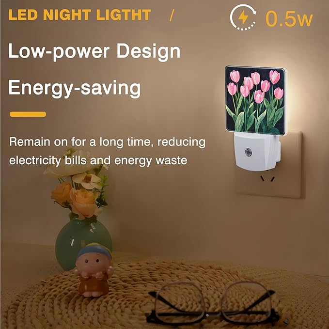 Pink Tulips Night Light, Floral Plug-in Nightlight with Dusk to Dawn Auto Sensor for Home Bedroom Hallway Kitchen 0.5W Sleep Friendly Led Lamp for Women Men