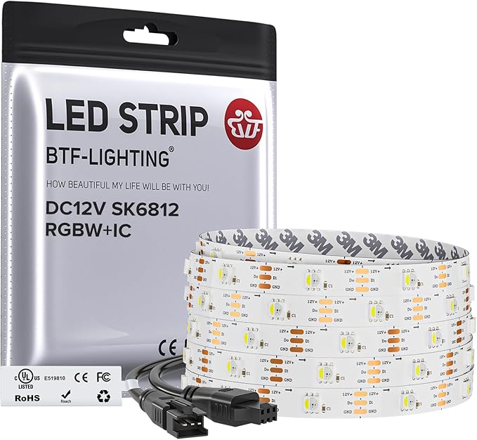BTF-LIGHTING SK6812(Similar WS2812B) UL Listed RGBW RGB+Cool White(6000K) Individually Addressable DC12V 16.4FT 30LED/m 4 Colors in 1 Light Dream LED Strip IP30 White PCB(No Adapter or Controller)