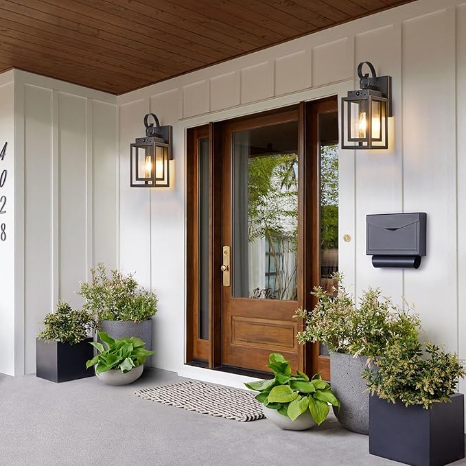 Upgraded Motion Sensor Outdoor Wall Lighting Fixtures, Dusk to Dawn Coach Lamps Outdoor Wall Sconces with Clear Glass, Modern Black Outside Wall Mount Lantern for Front Door, Porch, Garage