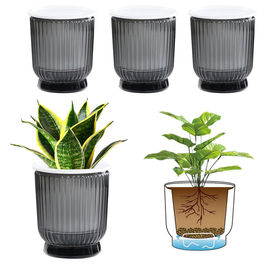 T4U 4.8 Inch Self Watering Plant Pot, 4 Pack Self Watering Pots, Self Watering Planter with Reservoir, Small Self Watering Pots for Indoor Plants, African Violets (4 Pack 4.8", Translucent Gray)