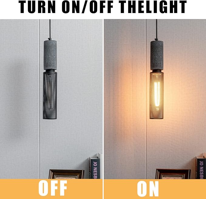 Concrete Linear Pendant Light with a Metal Mesh Shade,Modern Industrial Hanging Cement Pendant Lighting Fixture for Kitchen Island Bedroom Living Room Dining Room(Black 1-Pack)