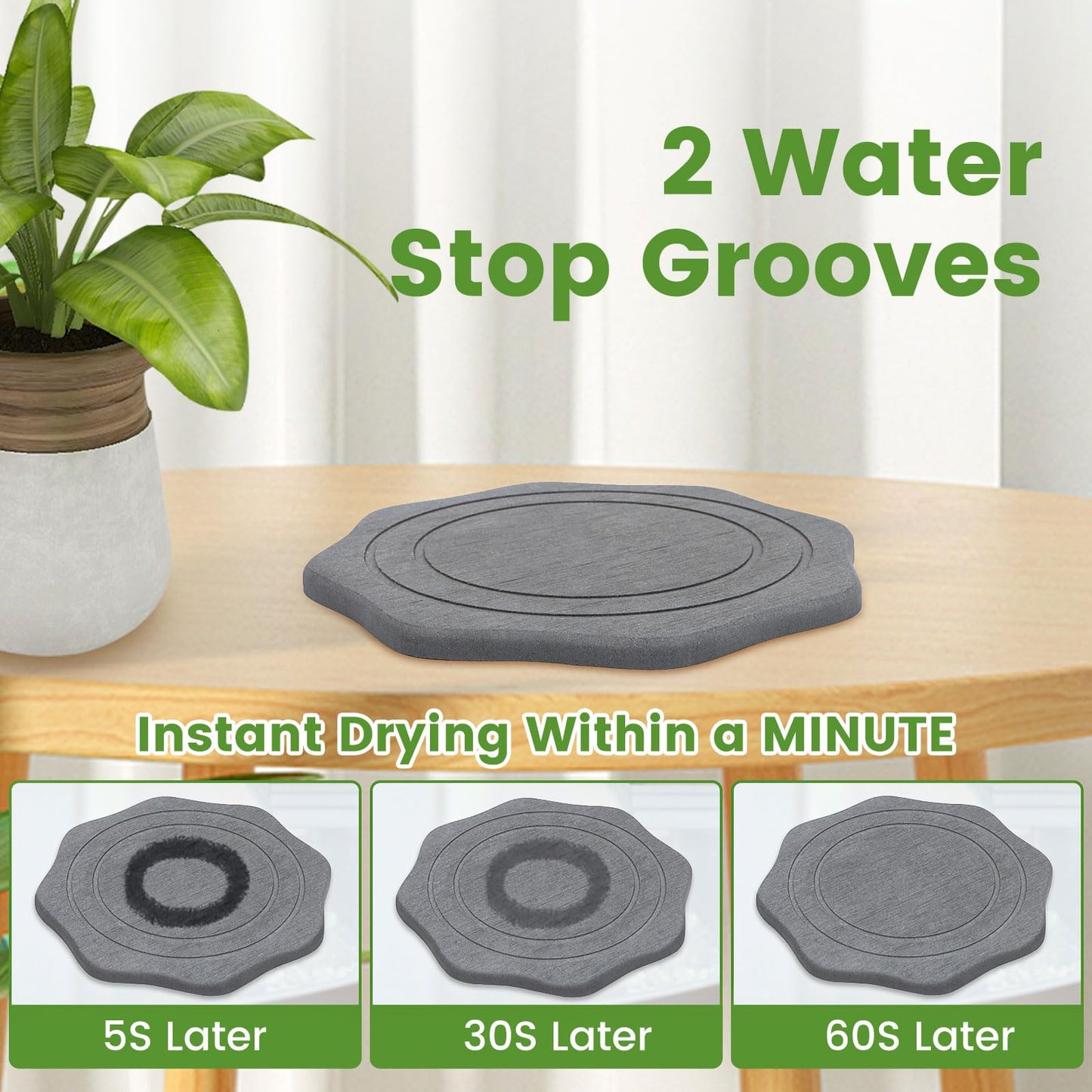 seaflash Plant Saucer for Indoors, 2 Packs 12 inch, Large Diatomaceous Earth Pot Saucers No Holes, Instant Dry Plant Drainage Trays for Pots, Dark Gray