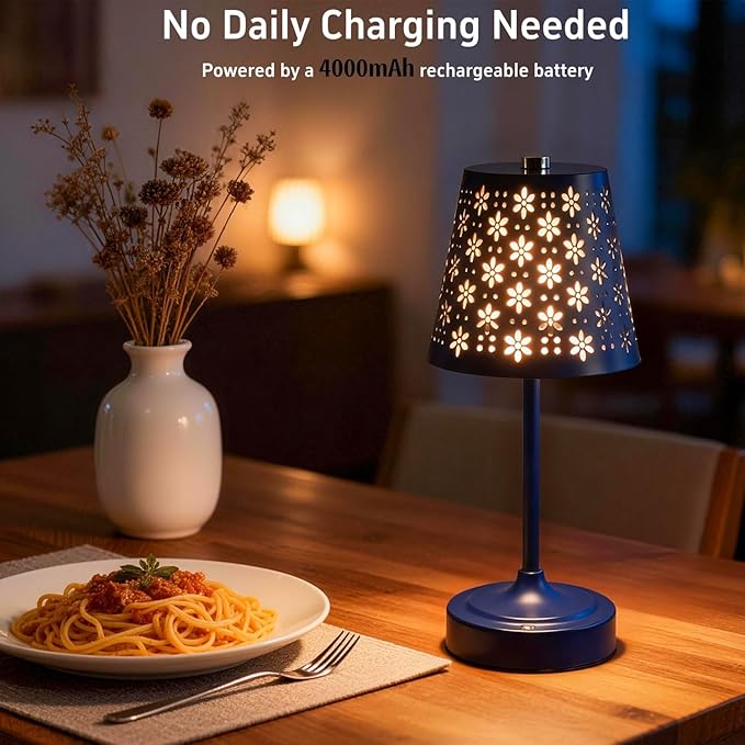 Rechargeable Cordless Table Lamp, Touch Control Battery Powered Bedside Lamp with Floral Cutout Shade, 3 Color Stepless Dimmable Decorative Nightstand Lamp for Bedroom (Navy Blue)