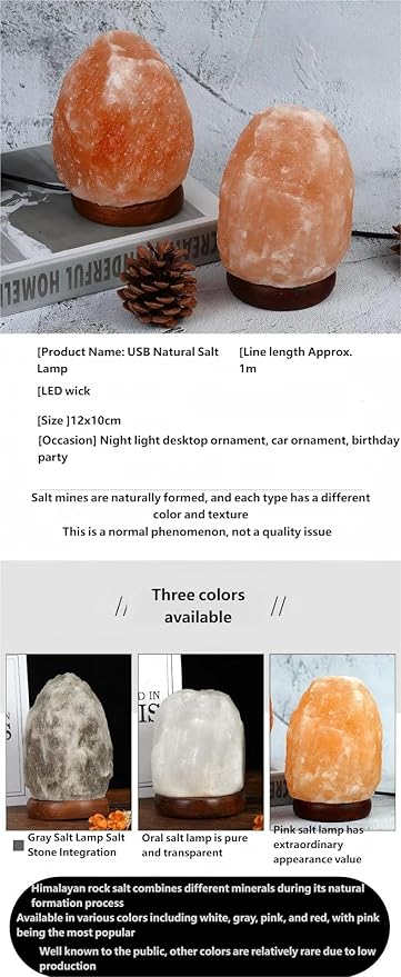 Himalayan Salt Lamp with USB Power, Natural Shape, Color-Changing LED and Warm White Light, Wooden Base Night Light (J, Change Color)