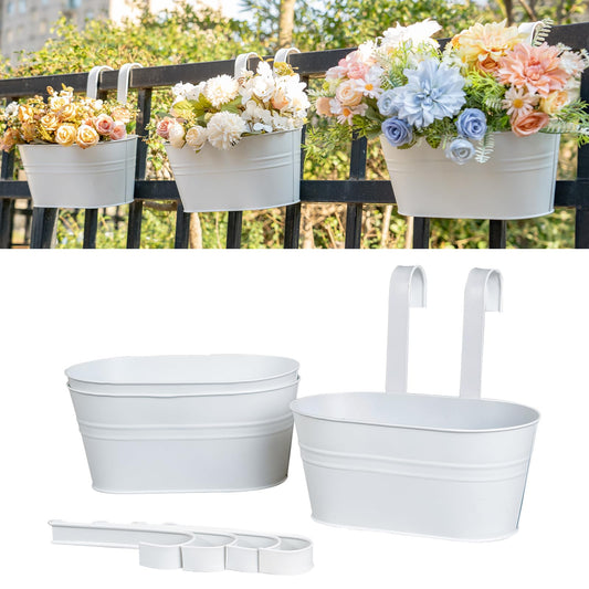 pansparade 3 Pack Metal Hanging Flower Pots for Railing Fence，Outdoor Balcony Rail Planter with Detachable Hooks Drainage Holes for Deck Garden Home Decor White