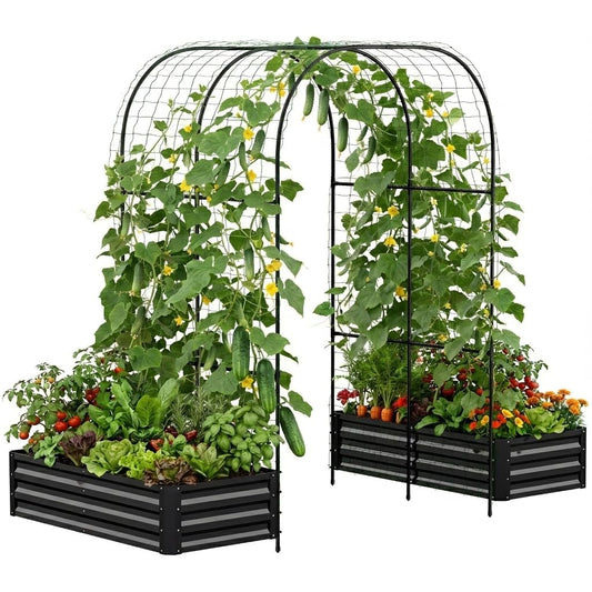 DoCred 3 in 1 Galvanized Raised Garden Bed, 2Pcs Metal Garden Planter Box with 87" H Trellis for Climbing Plants, Outdoor Gardening Raised Beds with Climbing Net for Fruits, Vegetables, Flower (Black)