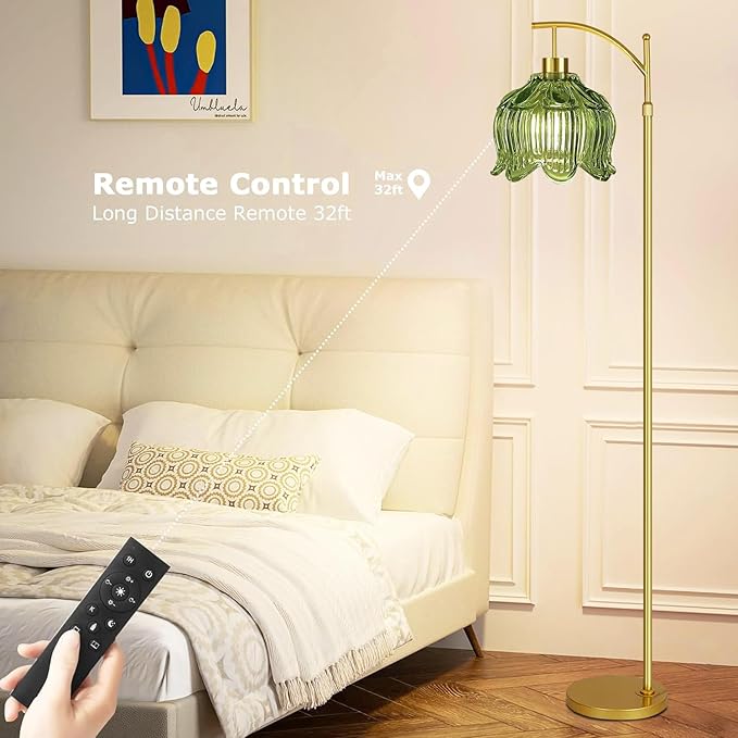 Green Floor Lamp for Living Room,Bedroom,Gold Dimmable Standing Lamp with Remote,Mid Century Modern Brass Tall Lamp Boho Floor Lamps Arc Vintage Glass Flower Floor Light Lamp Girls Bohemian