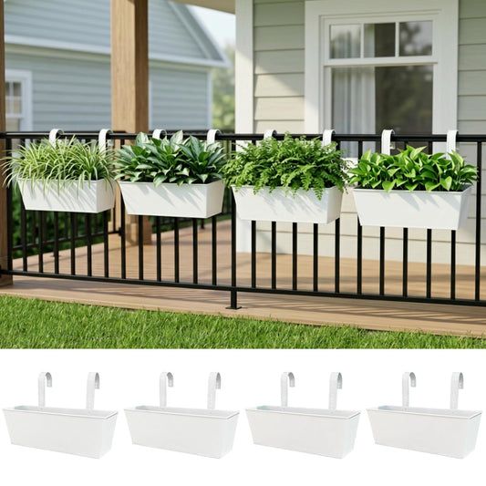 LaLaGreen Rail Planter (16 Inch, 4 Pack) Rectangular Metal Metal Hanging Flower Pots Railing Fence Balcony Gardening for Apartment Patio Planters Garden Style Iron Outdoor Deck Decoration Porch Decor