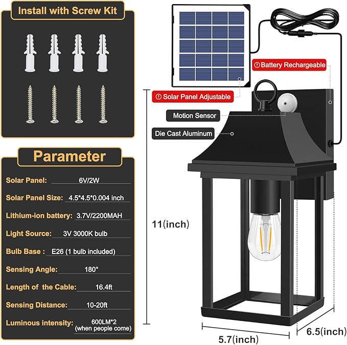 OKELI Porch Lights Outdoor Dusk to Dawn Motion Sensor Solar Wall Lantern Separate Panel & Battery Replaceable Exterior Waterproof Wall Sconce Lighting Lamp (Black A, 2 Pack)