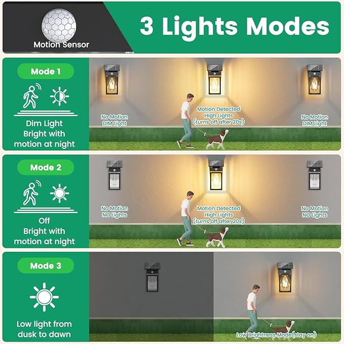 4 Pack Solar Porch Lights Outdoor, Dusk to Dawn & Motion Sensor Wall Light with Lantern Shape, 3 Modes IP65 Waterproof, E26 Bulb Exterior Sconce for Front Porch, Garage, Patio Security