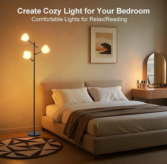 Fiqevs Mid Century Modern Floor Lamp with 3 Adjustable Flower Shade - Floral LED Standing Light with Foot Switch & Light Bulb, Sputnik Tree Lamp for Living Rooms Bedrooms - Black