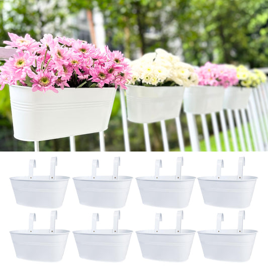 LaLaGreen Outdoor Rail Planter (8 Pack, 9.8 Inch) Small and Cute White Metal Iron Hanging Flower Pots Deck Railings Fence Buckets Countryside Style Wall Mount Window Box Plant Holder Hooks Porch Decor