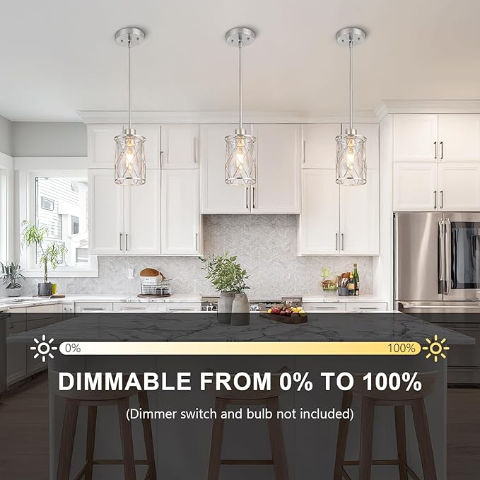 Refice Glass Pendant Lights Kitchen Island, Brushed Nickel Kitchen Hanging Light with Clear Glass, Farmhouse Cage Mini Pendant Lighting for Sink Dining Room Bedroom Bar, 1 Pack