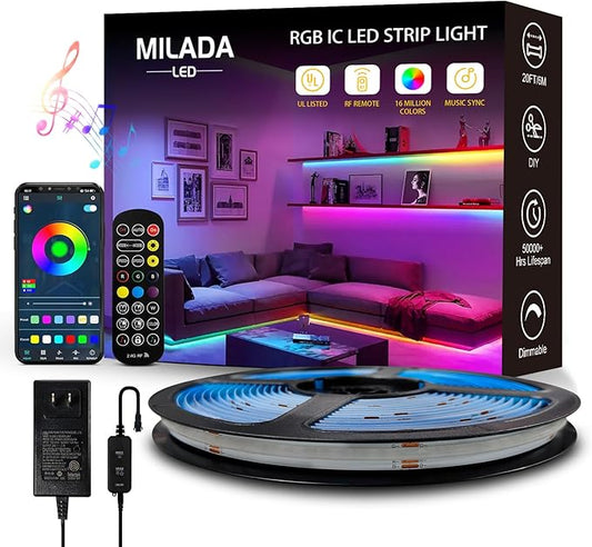 COB RGB Smart IC Strip Lights 20FT/6M UL-Listed 24V Color Flowing Strip Light Multicolor Flexible Tape Lights with APP Control Music Sync for Bedroom Gaming Party Home Decor