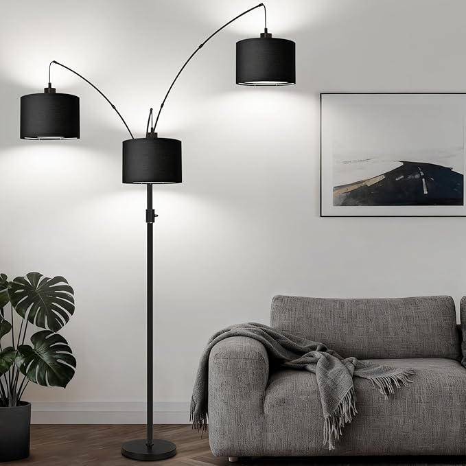 Dimmable Floor Lamp - 3 Lights Arc Floor Lamps for Living Room,Modern Tall Standing Tree Lamp with Black Linen Shade & Heavy Base,Mid Century Floor Lamp for Bedroom Corner Office, 3 LED Bulbs Included