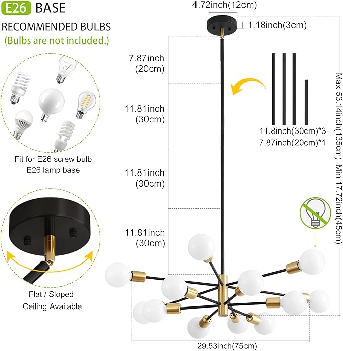 Sputnik Chandeliers, Black and Gold Chandelier,Modern Pendant Light Fixture Mid Century Industrial Ceiling Lighting 12 Lights for Dining Room, Kitchen, Bedroom, Living Room and Farmhoue