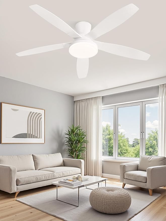 ZMISHIBO 52 inch Ceiling Fans with Lights and Remote/APP Control,White Low Profile Ceiling Fan with Light,Quiet DC Motor,LED Dimmable, Modern Flush Mount Ceiling Fan for Bedroom Indoor/Outdoor Patio