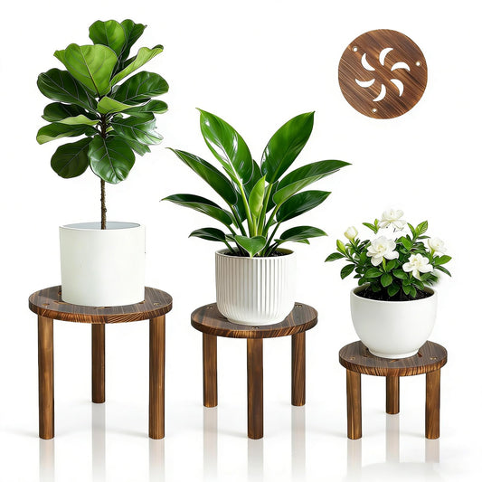 Jotboom 3-Pack Wooden Plant Stand Indoor, Mid Century Plant Stands for 6-11 Inch Pots, Modern Plant Stool for Large Plants, Heavy Duty Tall Plant Holder for Small Apartment Living Room Balcony Office