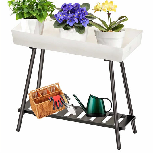 DHYGOTFUR 2-Tier Aluminum Plant Stand Indoor Outdoor with Built-in Handles, Anti-Fall Top Storage Box, Heavy Duty Multi-Use Plant Rack & Display Shelf for Patio Garden Lawn Balcony Living Room