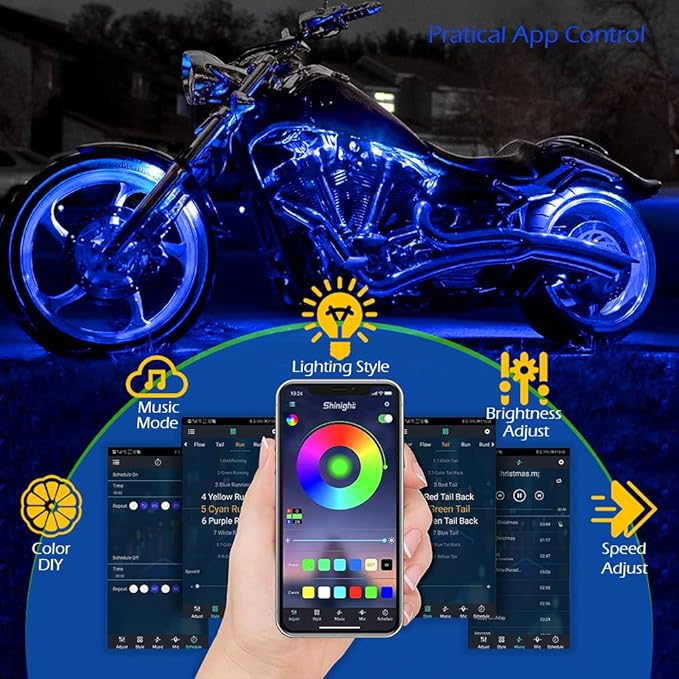 SHINIGHT 10 Pcs Motorcycle LED Light Kits, App Control Multicolor Waterproof Motorcycle LED Strip Lights with RF Remote, Music Sync & Multiple Scene Modes RGB LED Lights for Motorcycles, black