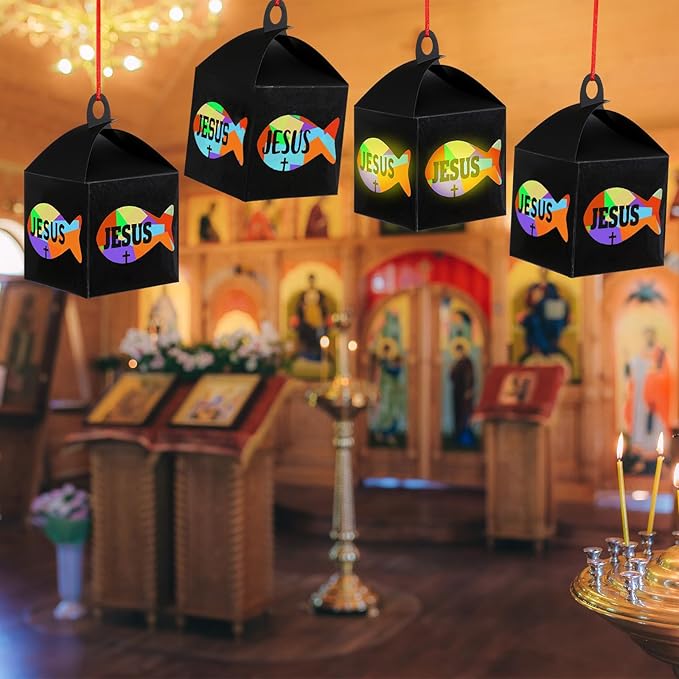 12 Sets Easter Crafts Religious Fish Crafts with LED Candle Light DIY Faith Jesus Fish Tissue Paper Kits Religious Hanging Ornament for Church Sunday School VBS Classroom Activities