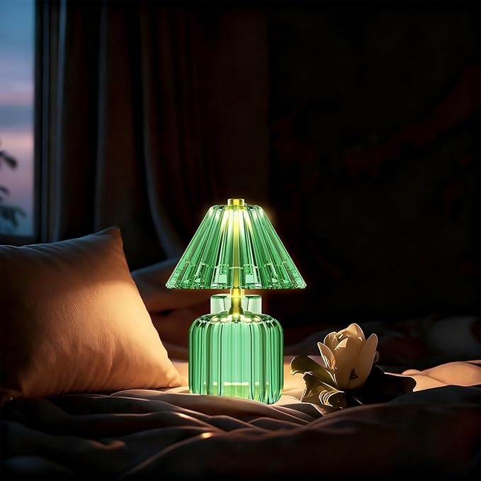Small Battery Operated Lamp with Timer, Tiny Cordless Glass Table Lamp for Home Decor, Kitchen, Bathroom, Birthday Gift for Women, Jelly Green