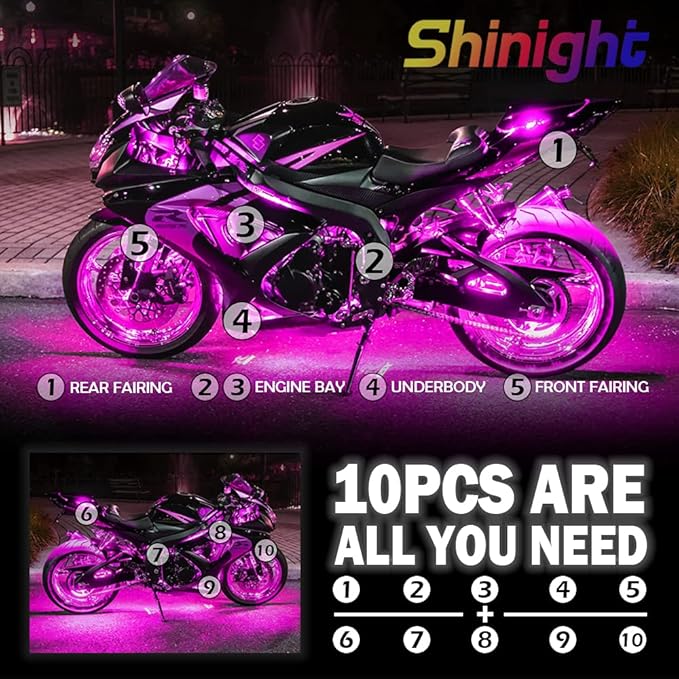 SHINIGHT 10 Pcs Motorcycle LED Light Kits, App Control Multicolor Waterproof Motorcycle LED Strip Lights with RF Remote, Music Sync & Multiple Scene Modes RGB LED Lights for Motorcycles, black