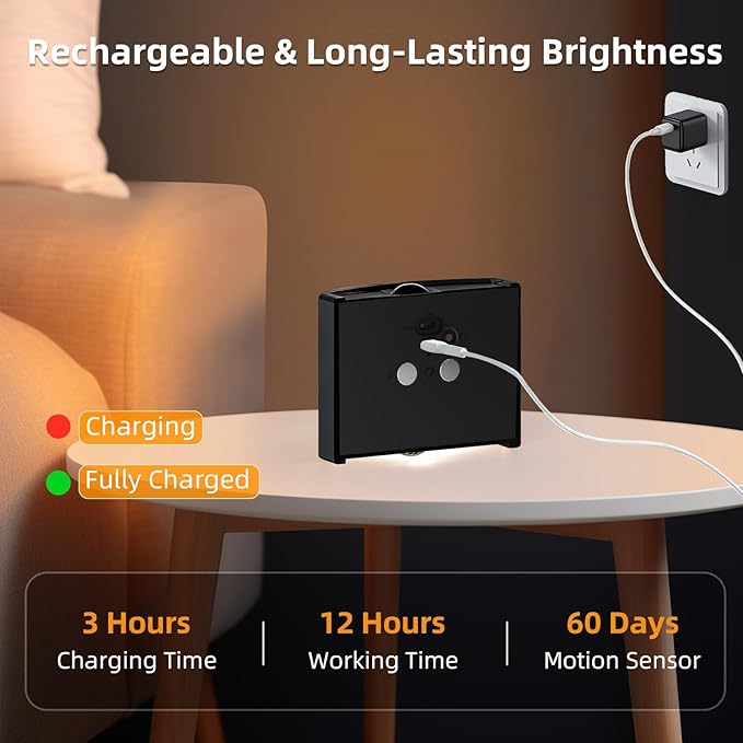 2 Pack Motion Sensor Wall Light, Rechargeable Wall Sconce with 3 Color Temperatures and Brightness Adjustable, Wireless Magnetic Mount for Bedroom, Stair, Hallway, Closet (Black)