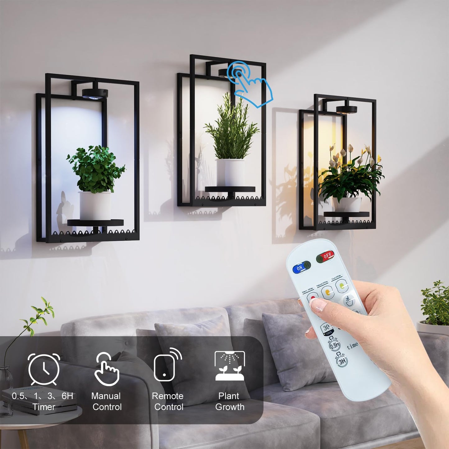 Shineled Wall Plant Holder, Indoor Plants Holders with Remote Grow Lights, Plant Shelves Hanging Planters, Framed Plants Holder for Living Room, 2 Pack