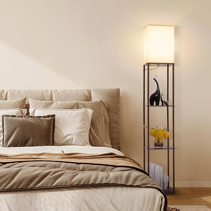 Floor Lamp with Shelves, with Modern Square Standing Lamp with Smart APP Control RGB Bulb, Corner Display Bookshelf Lamp for Living Room, Bedroom and Office(brown-9RGB)
