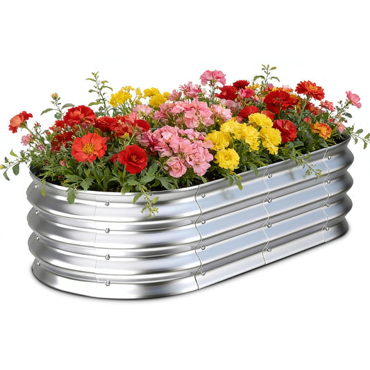Tegarbed Galvanized Raised Garden Bed Outdoor, 4x2x1ft Metal Heavy Duty Planter Boxes for Gardening, Easy Assemble Bottomless Small Oval Plant Container Kit for Vegetable, Flower, Fruit, Silver, 1Pack