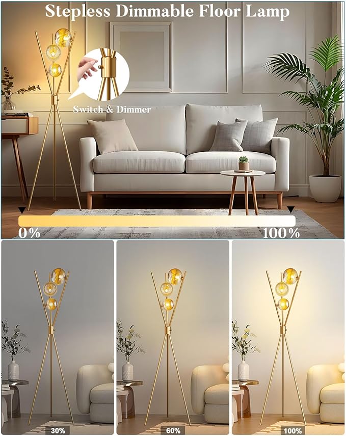 Lightdot Dimmable Tripod Floor Lamp Gold Art Deco Floor Lamp with Brown Globe Glass Lampshade 3Pcs Bulbs Included Tripod Standing Lamp for Living Room/Bedroom/Sofa Beside/Corner Decor
