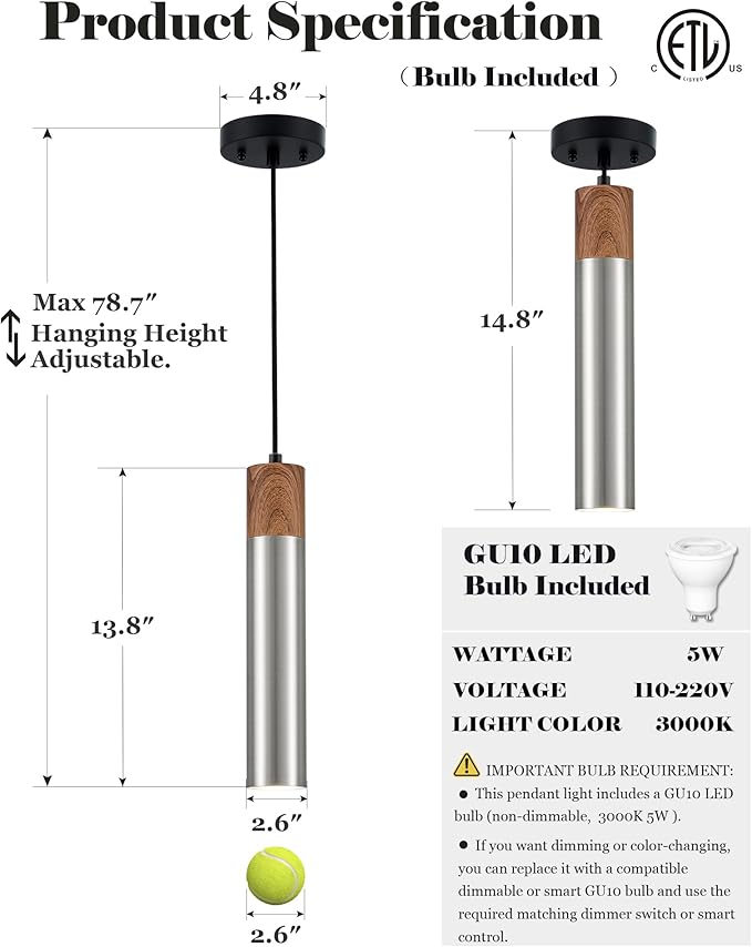 ELYONA 3 Pack Modern LED Pendant Light Fixtures, Brushed Nickel Metal with Wood Grain, 13.8" Mid Century Hanging Pendant Lights with GU10 Bulbs for Kitchen Island Dining Room Bedroom Adjustable Height