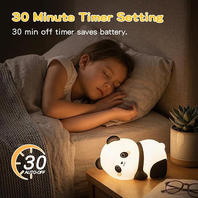 Lying Panda Night Light, Cute Baby Light 3 Level Dimmable, Nursery Nightlight for Snoothing, Sleeping Companion, Auto-Off 30Min Timer, Rechargeable Battry Cordless,
