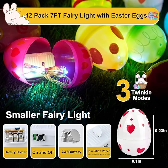 24 Pack 7Ft Fairy Lights with Easter Egg, Battery Operated 20 LED Easter Lights String 3 Mode for Outdoor Bedroom Home Spring Themed Decor
