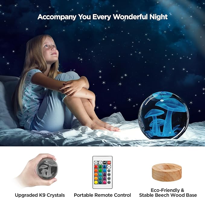 3D Crystal Ball Night Light with Wooden Base, Mushroom Glass Ball Lamp with 16 Colors and Remote Control - Cool Desk Decor Gift for Kids and Friends