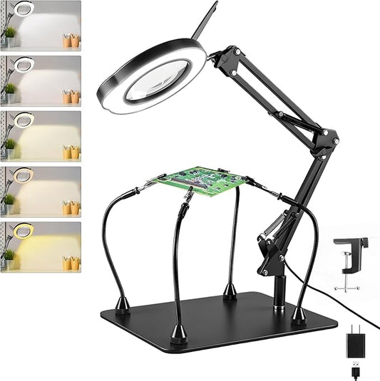 Helping Hands Soldering Station with Light and Stand, 4.3" 10X Soldering Magnifying Glass with 4 Flexible Helping Arms, 5 Color Mode, 10 Dimmable Levels for Electronics Repair, Jewelry, Hobby