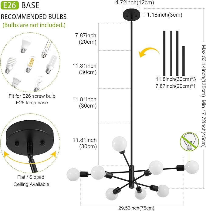 Sputnik Chandelier, Black Modern Industrial Chandeliers 8-Light, Mid Century Ceiling Lighting Fixture for Living Room, Kitchen, Bedroom, Dining Room, Farmhouse