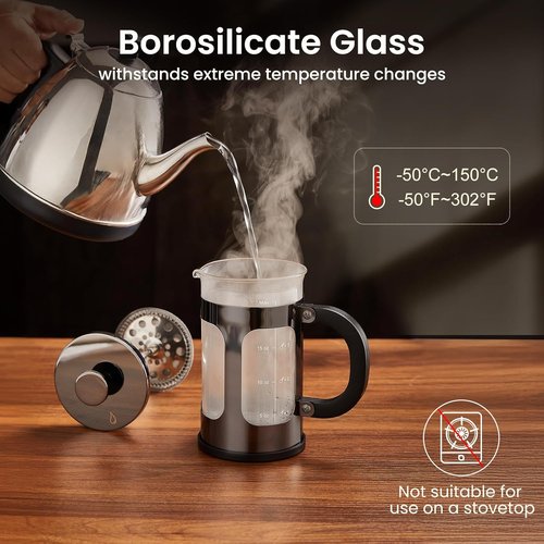 BAYKA French Press Coffee Maker - 21 Ounce Heat Resistant Borosilicate Glass | Dark Pewter Single Serve Brewer