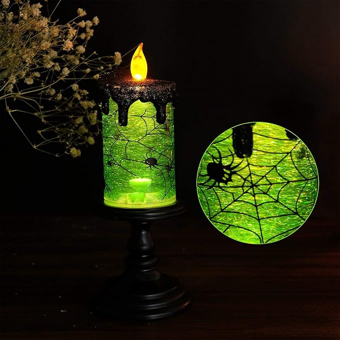 DRomance Halloween Flameless Candle Snow Globe Battery Operated with 6 Hour Timer, Green Light Spider Decal Water Tornado Lamp LED Candlestick Halloween Season Decor Gift 4 x 10 Inches