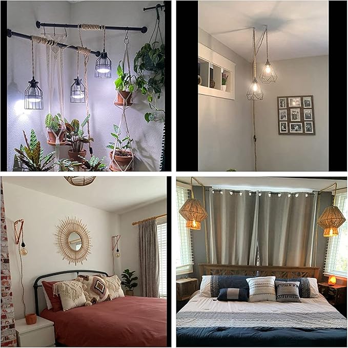 Industrial Hanging Light with Plug in Cord - Hemp Rope On/Off Switch, Farmhouse Pendant Light for Dining Room