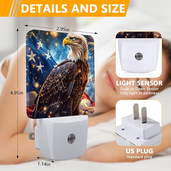 Eagle Night Light, Plug-into USA Flag Nightlight White LED Lamp, Energy Efficient Decor Desk Lamp for Bedroom Hallway Stairs Bathroom
